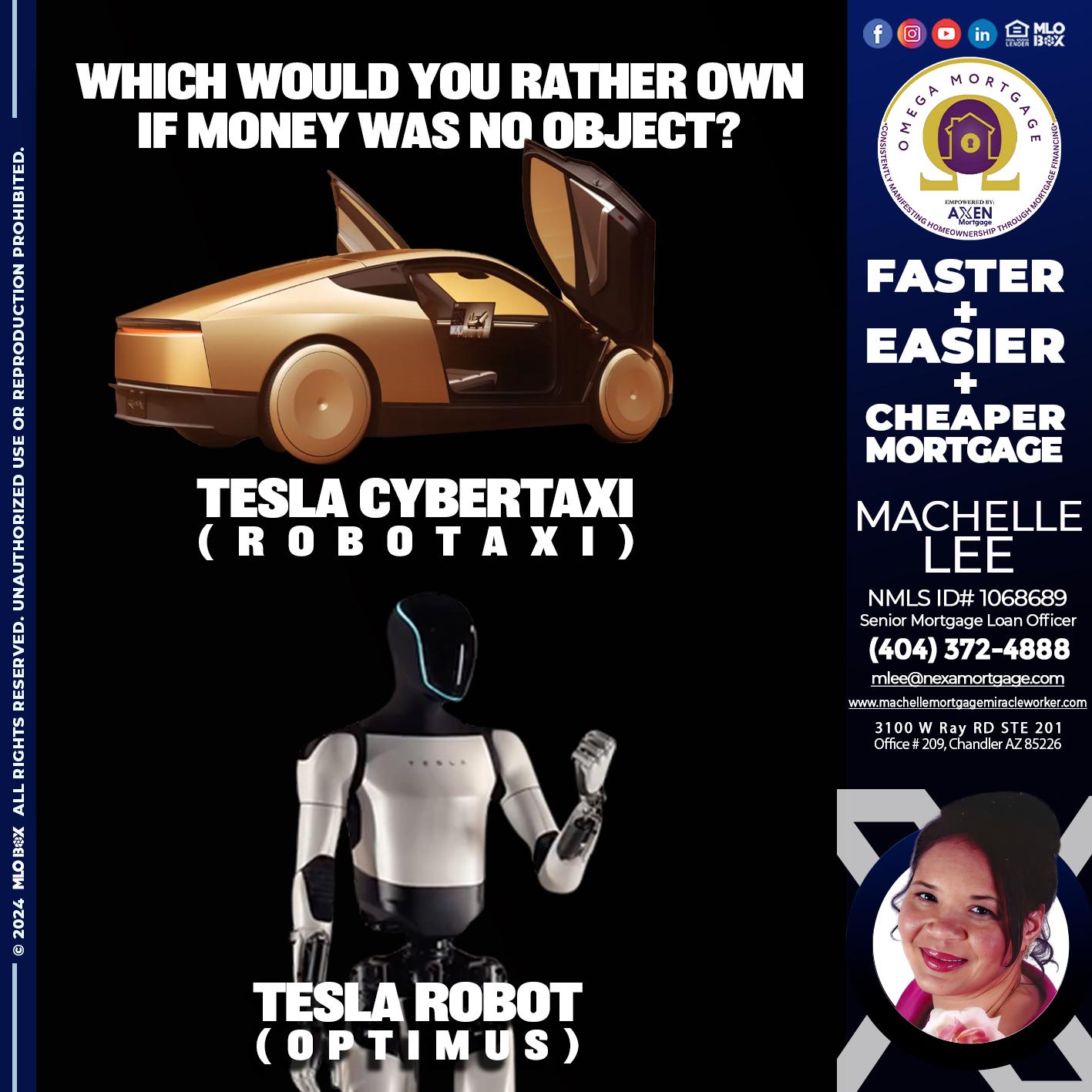 tesla cyber taxy vs tesla robot? - Machelle Lee -Reverse and Residential Mortgage Loan Expert