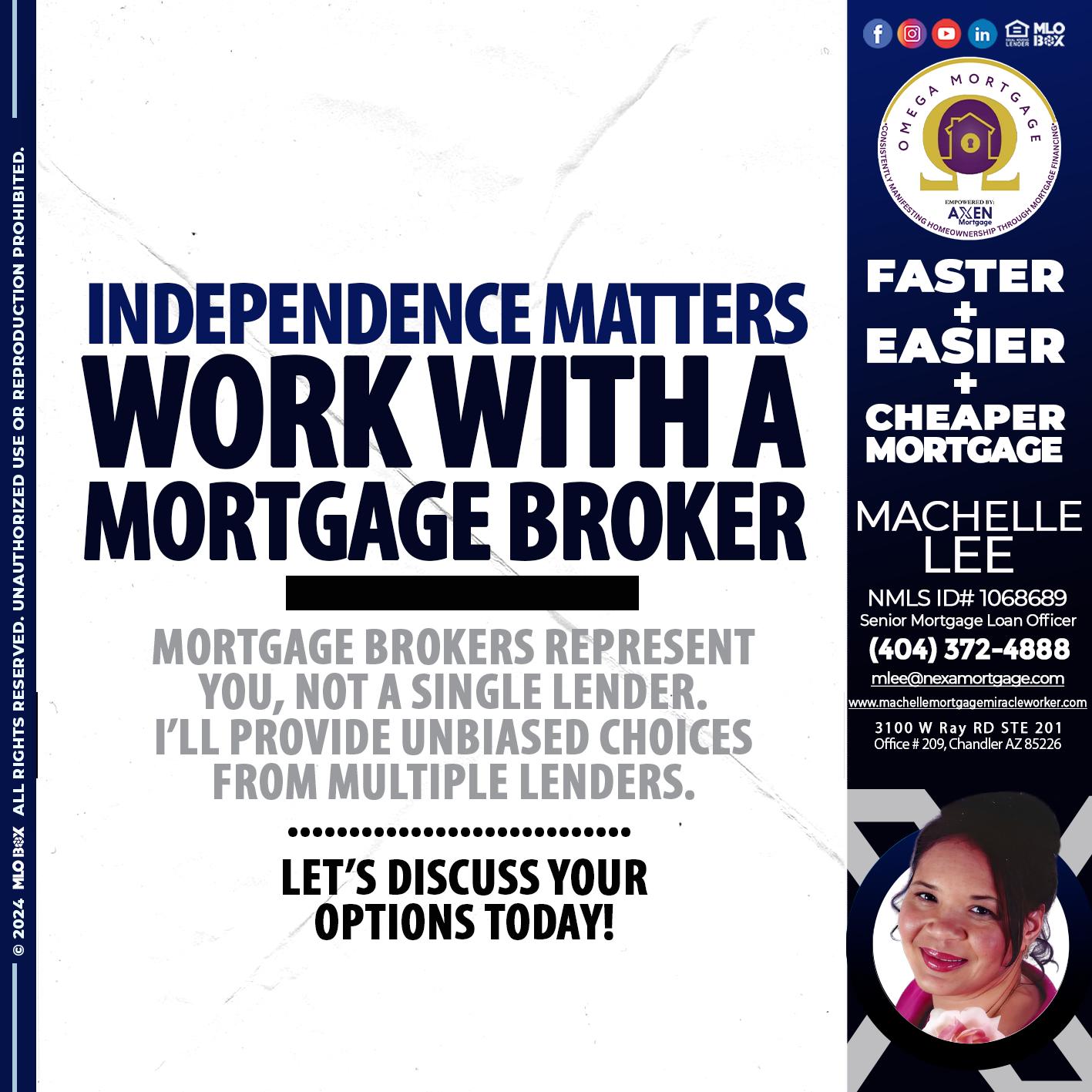 WORK WITH A BROKER - Machelle Lee -Reverse and Residential Mortgage Loan Expert
